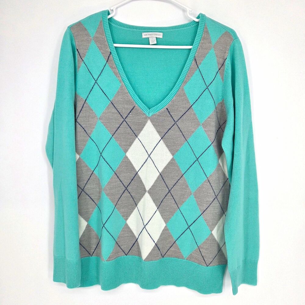 New York & Company Womens Turquoise Gray White Argyle V-Neck Knit Sweater Large